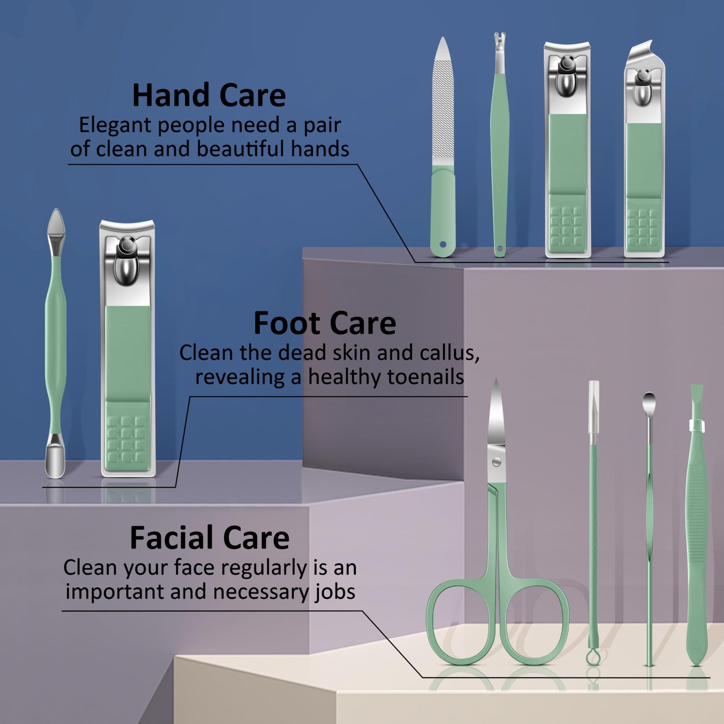 BLESWIN 10-Piece Nail Care Kit, Professional Manicure Set with Green Leather Case, Ideal for Women & Men