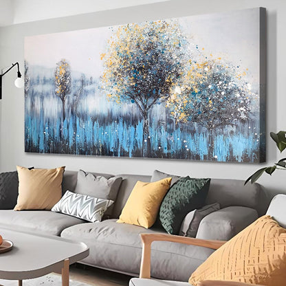Arjun Tree Wall Art Canvas for Living Room Blue Tree of Life Nature Teal Abstract Textured Painting Picture Modern Panoramic Landscape Artwork Framed Bedroom Home Office Decor, Large Size 40"x20"