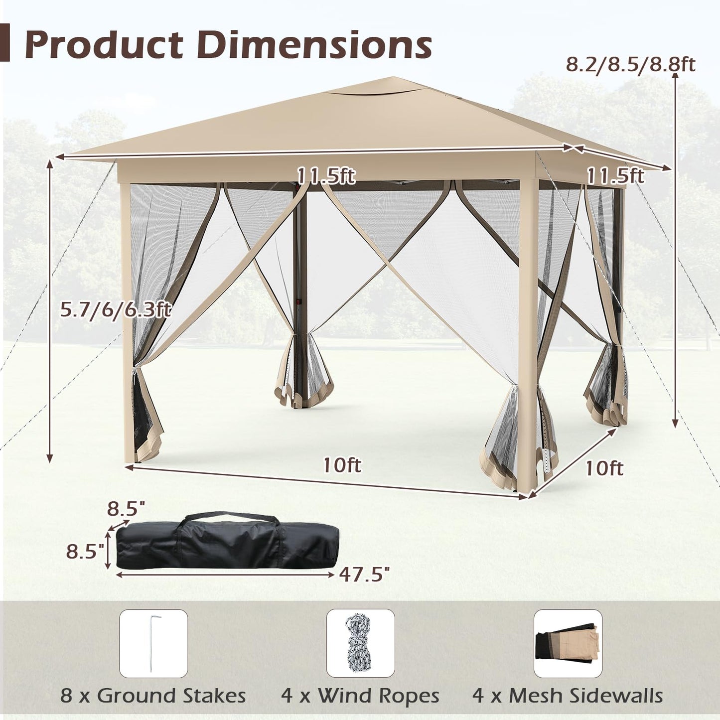 Happygrill 11.5 X 11.5 FT Pop-up Canopy Tent, One-Person Easy Setup Outdoor Screen Gazebo w/Mesh Netting, Vented Top, 4 Doors, Carry Bag, Portable Heavy-Duty Sun Shelter for Party Picnic (Beige)