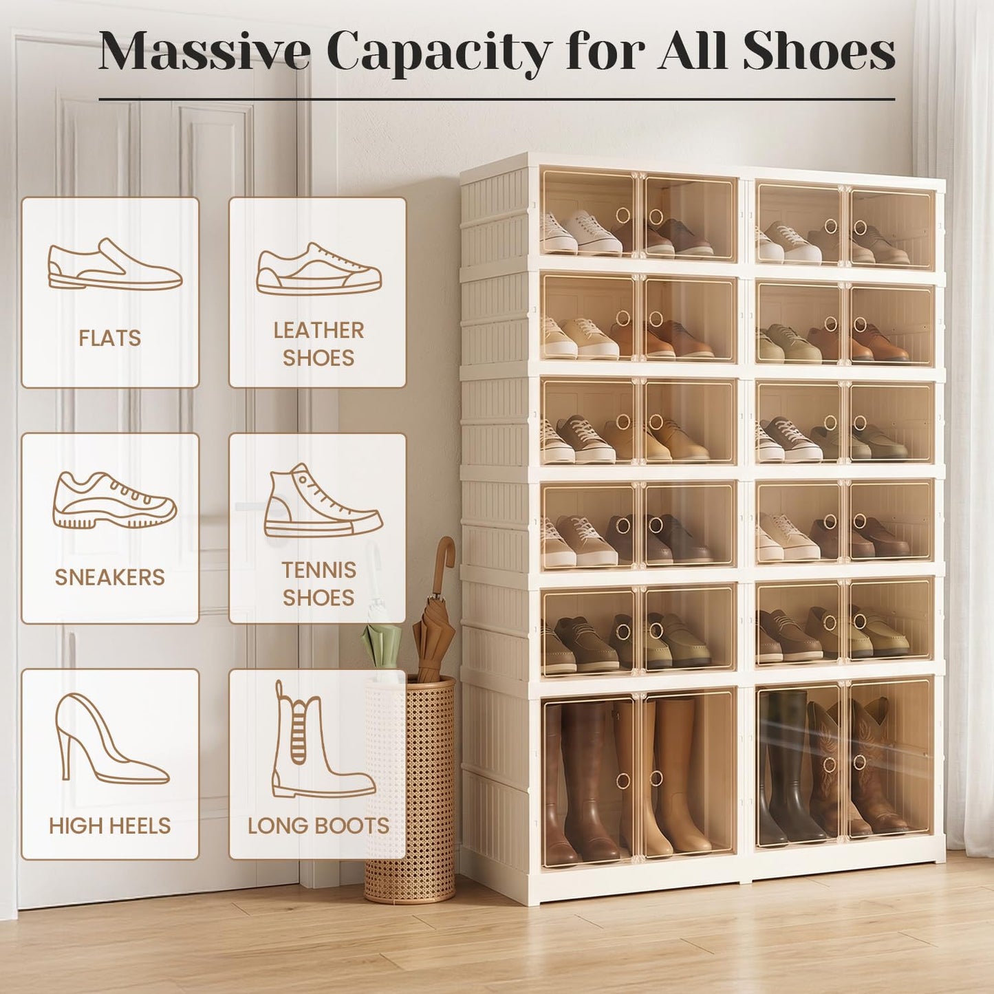Tykacna Collapsible Shoe Rack Organizer, Extra Large Shoe Boxes with Doors, Stackable Plastic Storage Cases for Closet and Entryway, Clear Folding Shoe Cabinet with Wheels (6Tiers, 24Pairs)