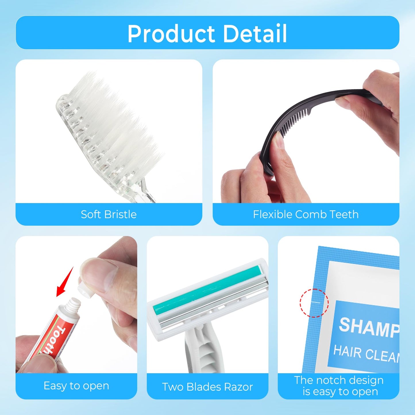Xuezoioy Personal Hygiene Kit Bulk Pack of 100,Individually Wrapped 13-IN-1 Blue Disposable Basic Travel Toiletry Set Homeless Care Package Supplies for Men,Women,Guests,Charity