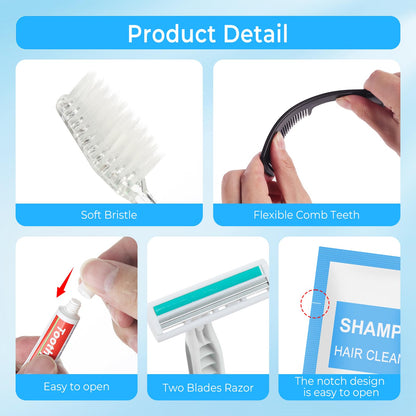 Xuezoioy Personal Hygiene Kit Bulk Pack of 100,Individually Wrapped 13-IN-1 Blue Disposable Basic Travel Toiletry Set Homeless Care Package Supplies for Men,Women,Guests,Charity