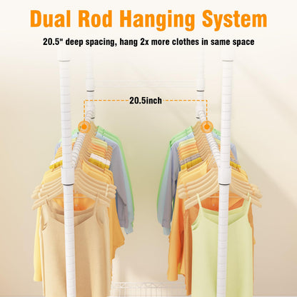 Himimi Double Rods Clothes Rack Heavy Duty,Adjustable Metal Garment Rack with Wheels,Portable Clothing Rack for Hanging Clothes, Closet Rack for Bedroom Laundry Room, 45" W×20.5" D×80.5" H, White