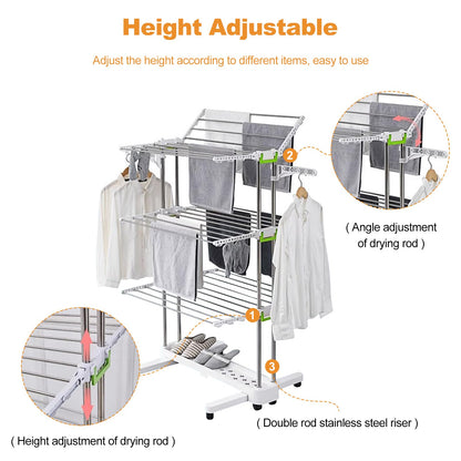 Ergocar Airer Clothes Drying Rack, 4-Tier Foldable Clothes Hanger, Adjustable Stainless Laundry Dryer Hanger, Rolling Clothes Drying Rack with Wheels, for Indoor & Outdoor, White