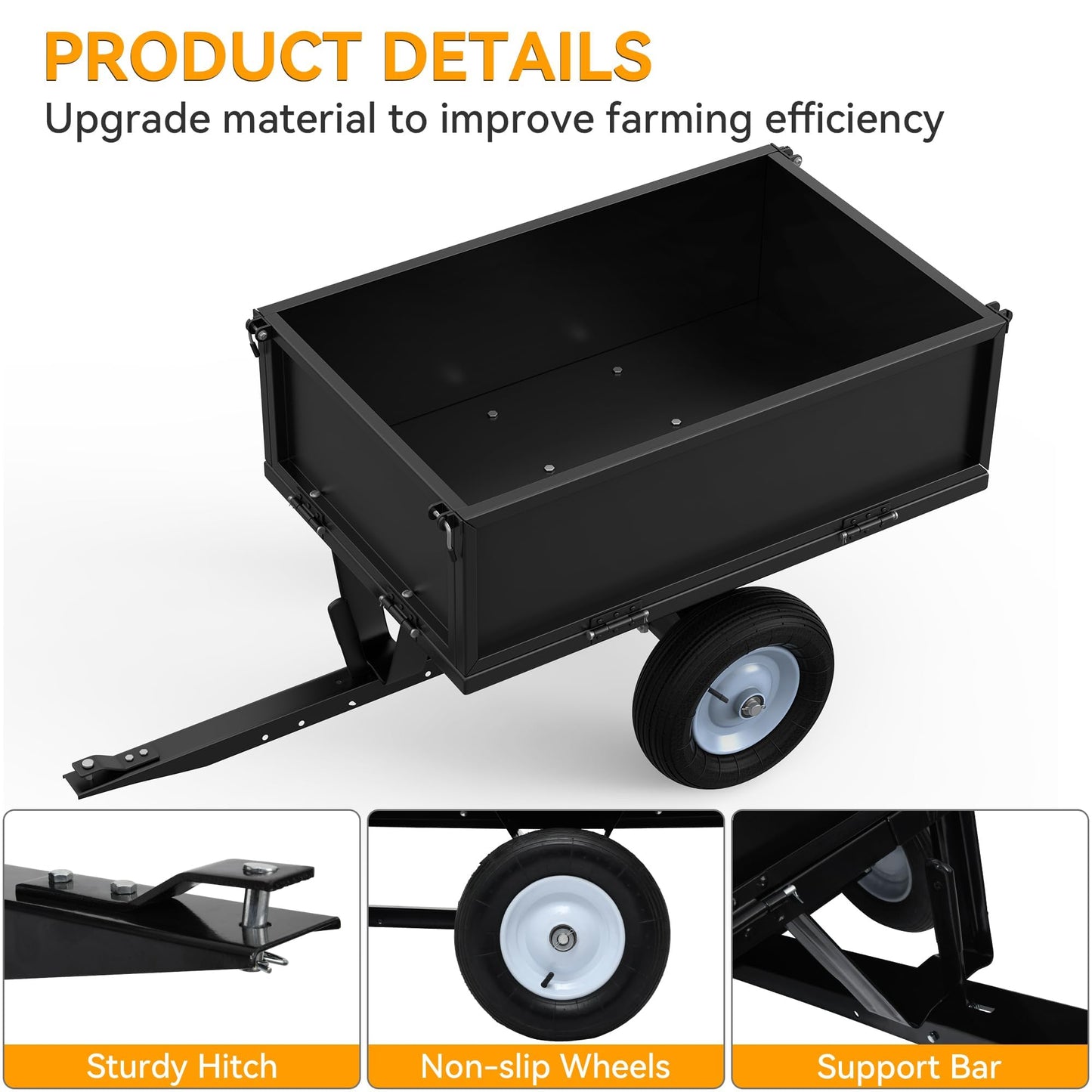 YINTATECH ATV Trailer Steel Dump Cart,Heavy Duty Pull Behind Dump Trailer with Fold-Down Side Panels, Yard Garden Utility Trailer for Lawn Mower Trailer Tractor, Alloy Steel, Black