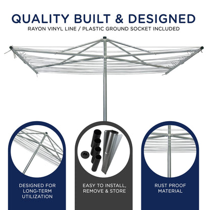 Strata 184 FT Outdoor Umbrella Clothesline - Heavy Duty Silver Aluminum Rotary Clothesline Line with Ground Spike & Socket for Outdoor Laundry Drying, Clothes, Sheets & Towels