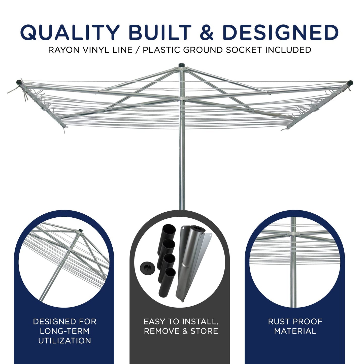 Strata 184 FT Outdoor Umbrella Clothesline - Heavy Duty Silver Aluminum Rotary Clothesline Line with Ground Spike & Socket for Outdoor Laundry Drying, Clothes, Sheets & Towels