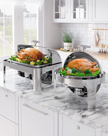 Garvee Rectangular Roll Top Chafing Dish Buffet Set, 9QT Stainless Steel Chafing Dish Set Equipped with 1 Full Size Pan, Catering Warmer Server with Visible Lid Water Pan Stand Fuel Holder Clip