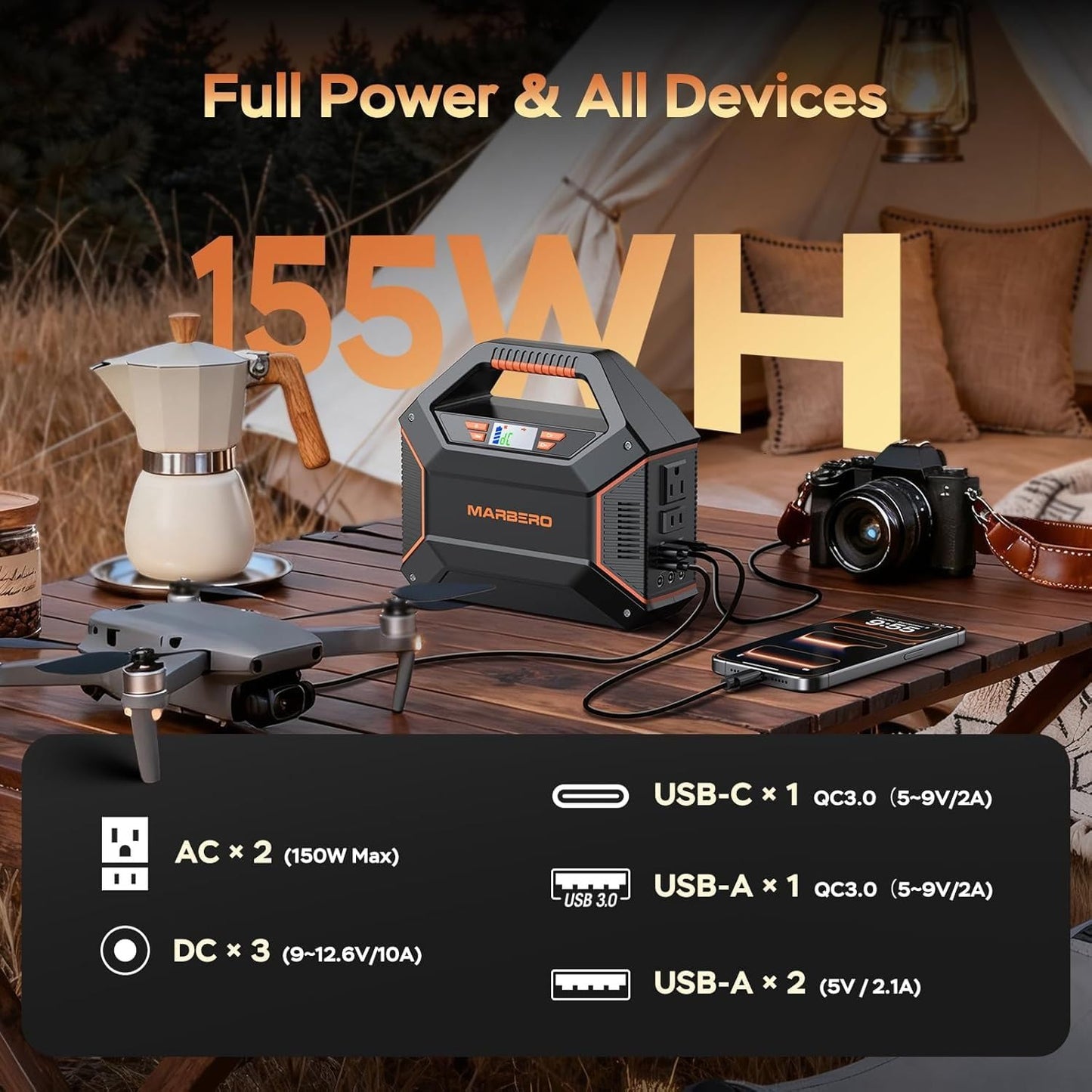 MARBERO 155Wh Solar Generator with Solar Panel Included 30W Portable Power Station 100W 150W Surge Multi-Output Solar Powered Generator Ultra Lightweight for Camping Emergency Blackout