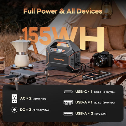 MARBERO 155Wh Solar Generator with Solar Panel Included 30W Portable Power Station 100W 150W Surge Multi-Output Solar Powered Generator Ultra Lightweight for Camping Emergency Blackout