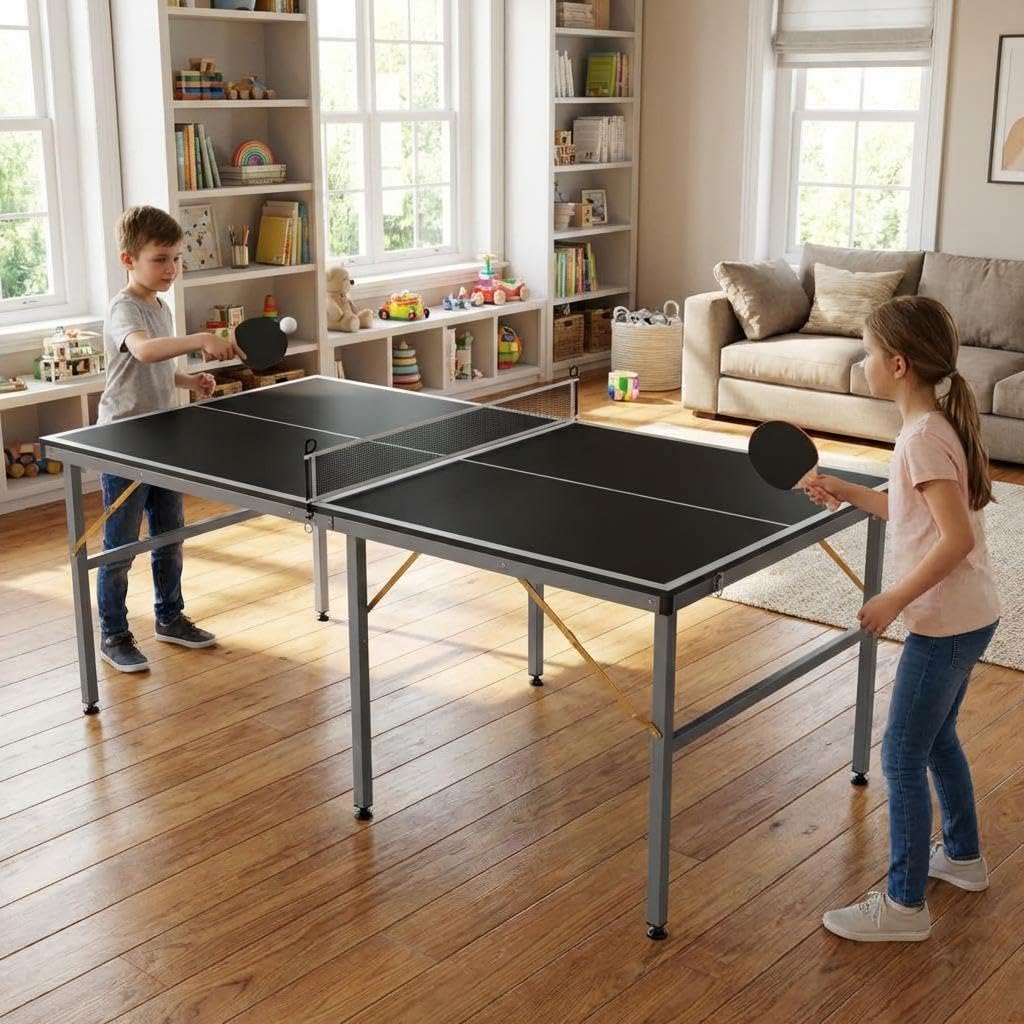 6x3ft Mid-Size Professional Portable Folding Ping Pong Table - Indoor/Outdoor Table Tennis Game Set with Net, 2 Paddles & 4 Balls for Adults and Teens- Quick Assembly