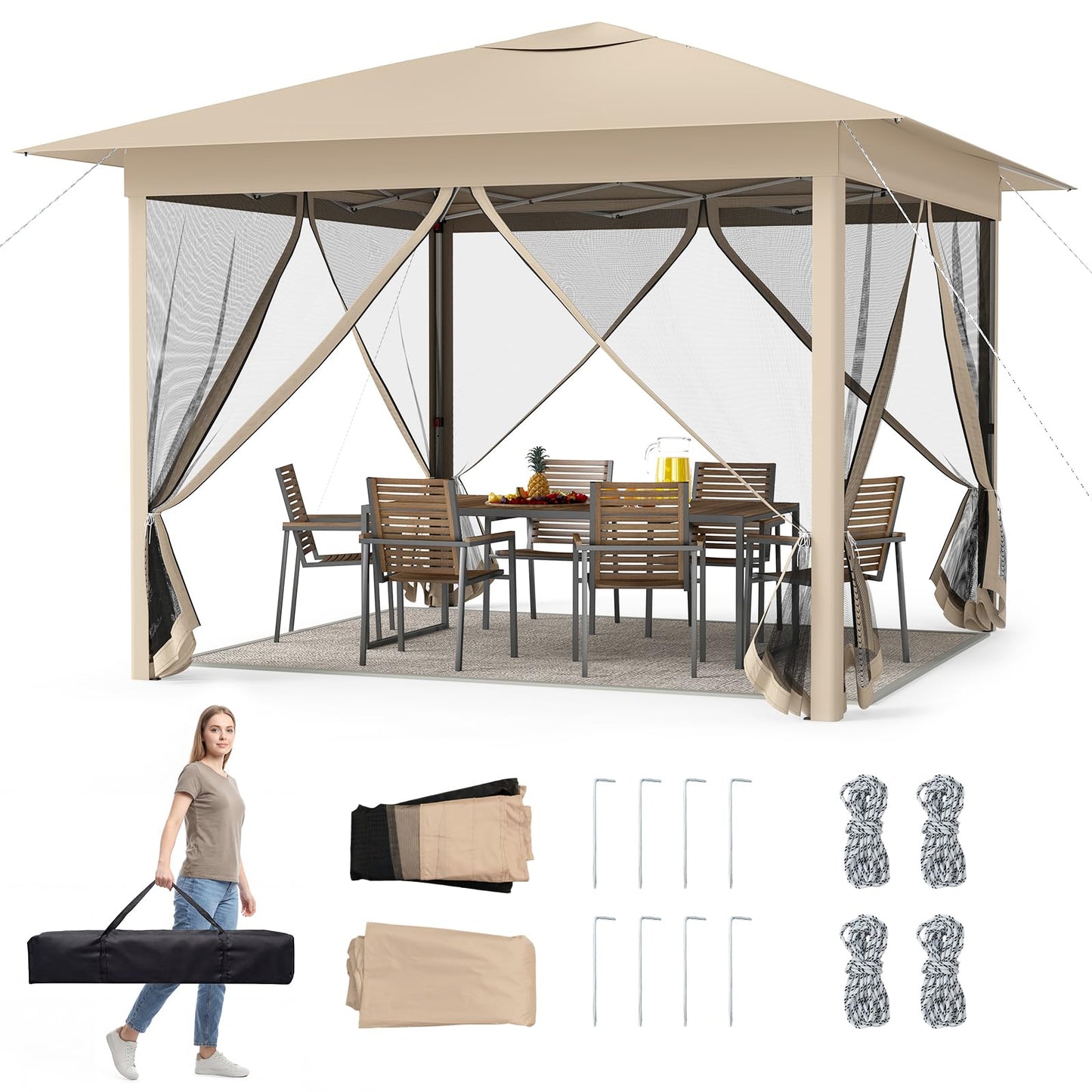 Happygrill 11.5 X 11.5 FT Pop-up Canopy Tent, One-Person Easy Setup Outdoor Screen Gazebo w/Mesh Netting, Vented Top, 4 Doors, Carry Bag, Portable Heavy-Duty Sun Shelter for Party Picnic (Beige)