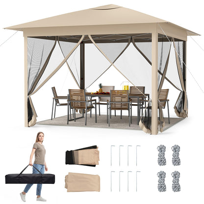 Happygrill 11.5 X 11.5 FT Pop-up Canopy Tent, One-Person Easy Setup Outdoor Screen Gazebo w/Mesh Netting, Vented Top, 4 Doors, Carry Bag, Portable Heavy-Duty Sun Shelter for Party Picnic (Beige)