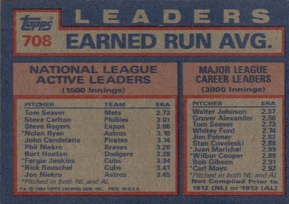 TOM SEAVER STEVE CARLTON STEVE ROGERS 1984 NL ACTIVE CAREER ERA LEADERS - 1984 TOPPS BASEBALL CARD #708 (NEW YORK METS PHILADELPHIA PHILLIES &amp MONTREAL EXPOS) FREE SHIPPING