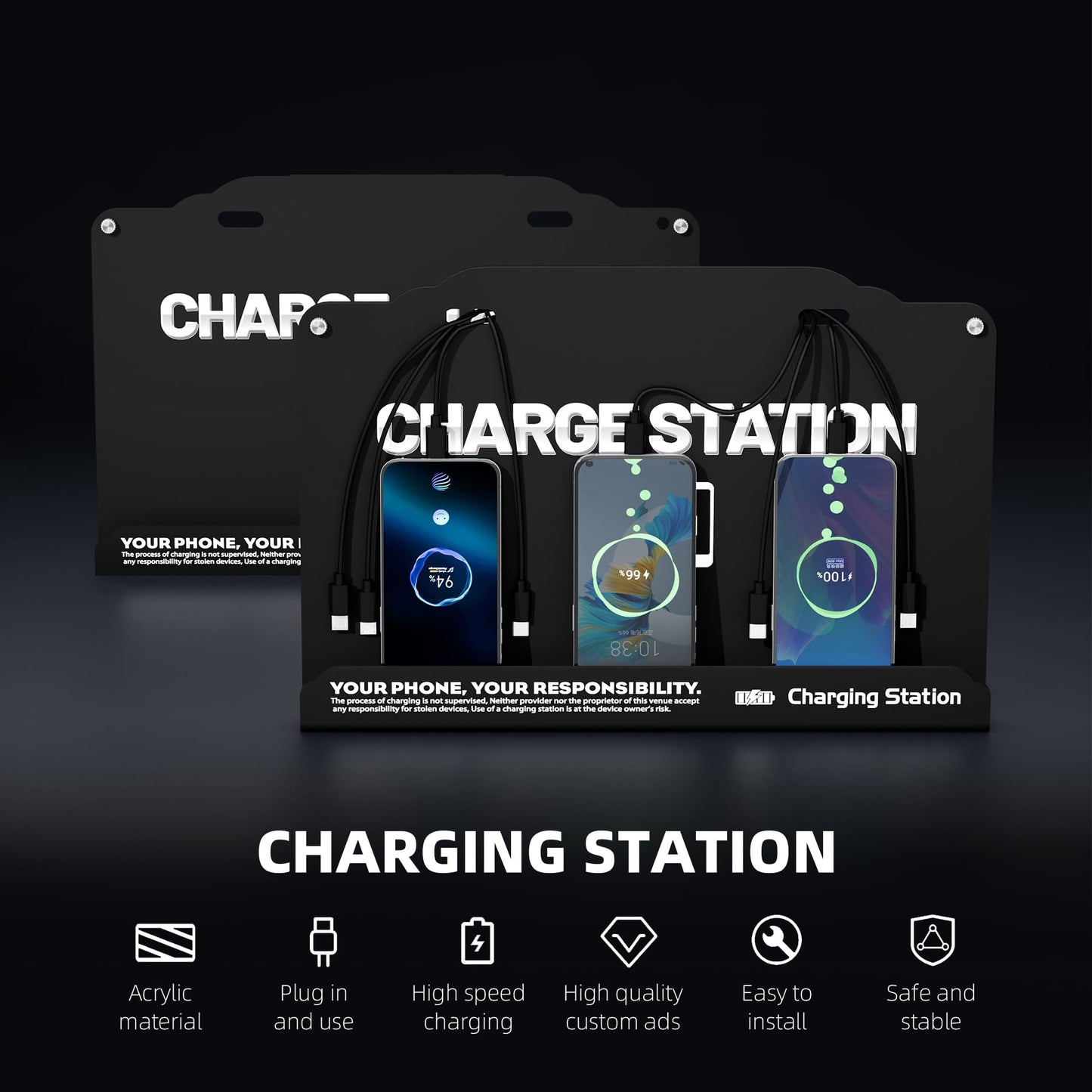 Wall Mounted 8 Port Charging Station with Fast Charigng Cables – Multi Device Charging Dock for Office, Hotel & Public Spaces | Compatible with iPhone ipad Smartphone Tablets Android Port (Black)