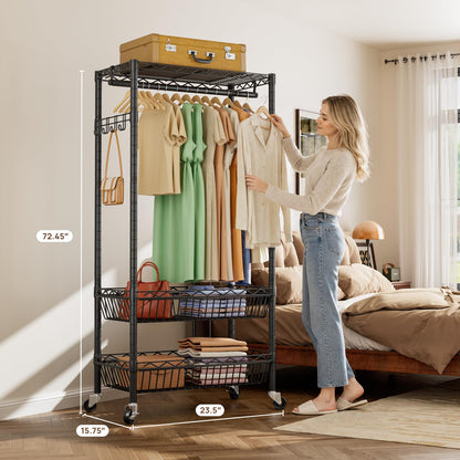 Heavy Duty Clothes Rack Rolling Garment Rack,3 Tier Adjustable Wire Shelving Clothing Racks for Hanging Clothes with Double Rods&Side Hooks,Freestanding Wardrobe Storage Rack Metal Portable Closet