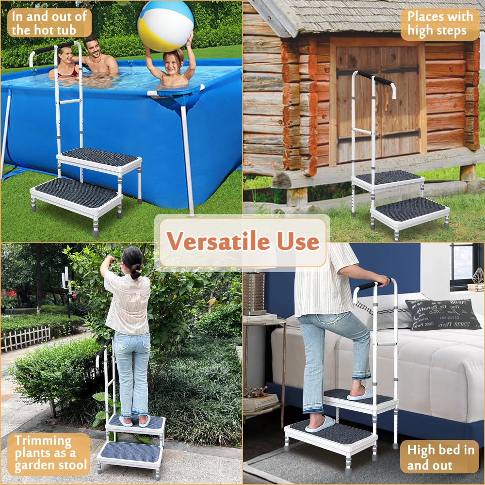 Mybow Stepping Stool for Adults, Two Step Stool with Handle, Mobile Home Stairs, SUV Car RV Steps with Handrail, Medical Step Ladder for Handicap, Heavy Duty Step Up Platform, Adjustable Foot Stool