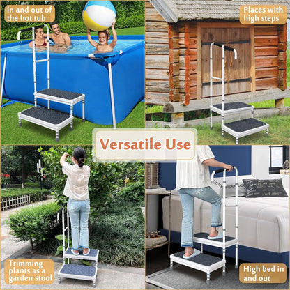 Mybow Stepping Stool for Adults, Two Step Stool with Handle, Mobile Home Stairs, SUV Car RV Steps with Handrail, Medical Step Ladder for Handicap, Heavy Duty Step Up Platform, Adjustable Foot Stool