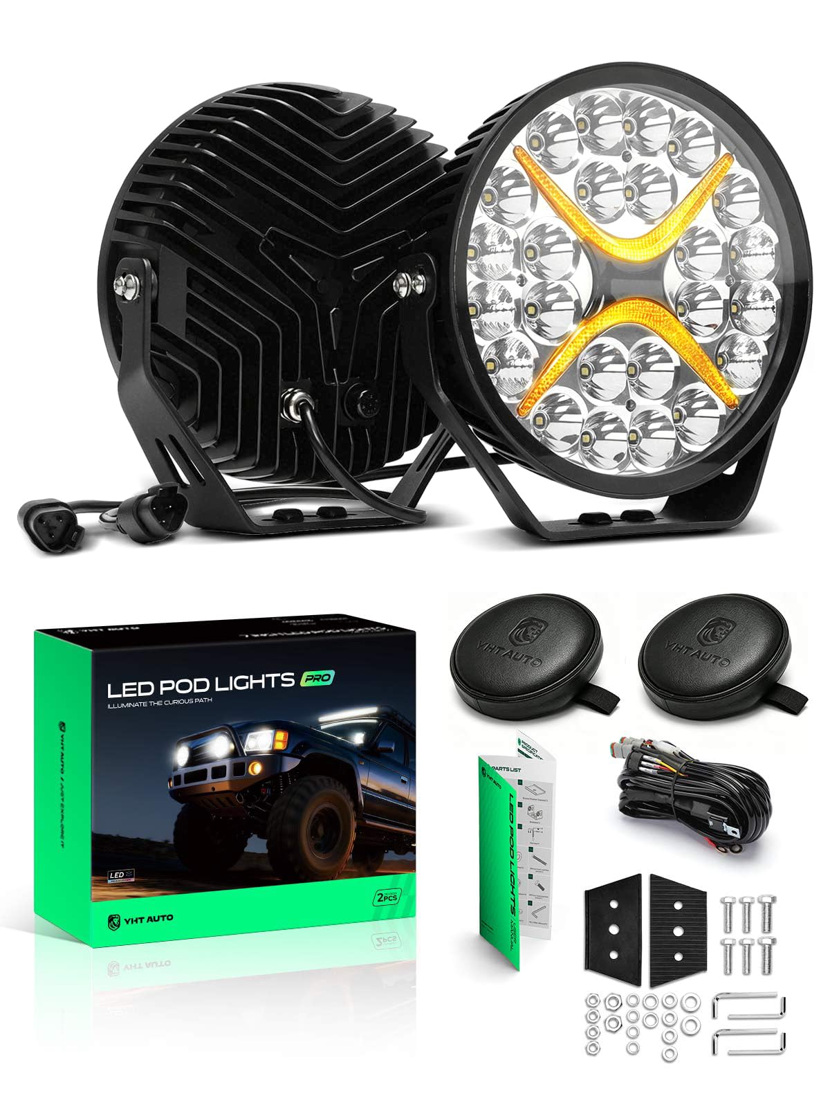 YHTAUTO 9 Inch LED Light Bars w/Wiring Harness Lens Cover, 120W, 14400LM, 5700K, Combo Beam Off Road Camper Pod Fog Light for Truck SUV ATV UTV Golf Cart Tractor 4x4 Van Boat IP67 Waterproof Lamp