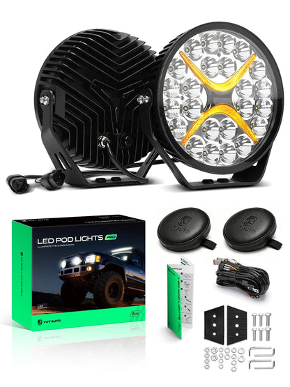 YHTAUTO 9 Inch LED Light Bars w/Wiring Harness Lens Cover, 120W, 14400LM, 5700K, Combo Beam Off Road Camper Pod Fog Light for Truck SUV ATV UTV Golf Cart Tractor 4x4 Van Boat IP67 Waterproof Lamp