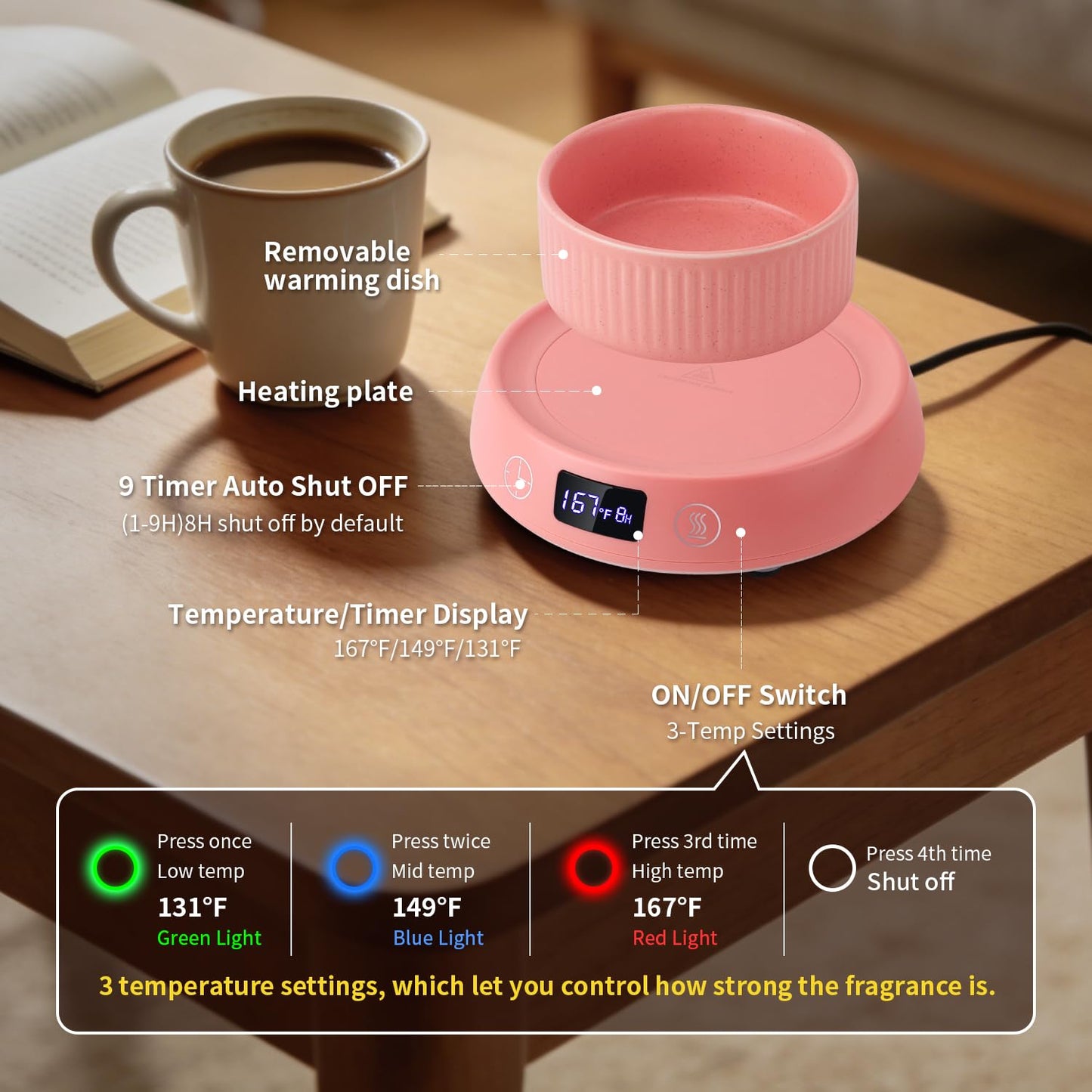 Lyty 4-in-1 Wax Melt Warmer, Candle Warmer with Delay Start Timer, Fragrance Scented Wax Melter Wax Cube Warmer with 3 Color Light for Home Bedroom Spa Office, 8H Auto Shut Off (Pink)
