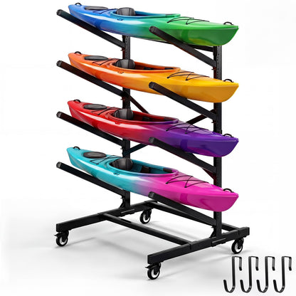Ultrawesome 4-Tier Single-Sided Kayak Storage Rack with Wheels, Heavy Duty Freestanding Canoe Stand for 4 Kayaks, 400lbs Capacity, Adjustable Arms, Indoor Outdoor Garage Shed Dock Use
