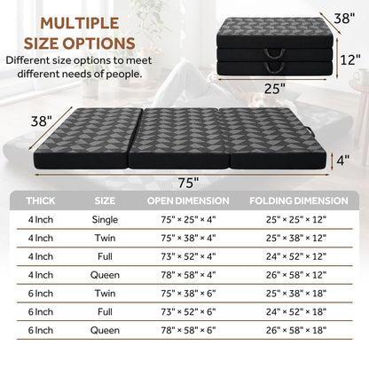 Tri Folding Mattress Twin Size - Memory Foam Tri-fold Mattress, Handle & Non-Slip Bottom, Portable Foldable Sofa Bed Floor Chair for Travel RV Camping Guest Yoga - 4 Inch, 75" 38"x4"