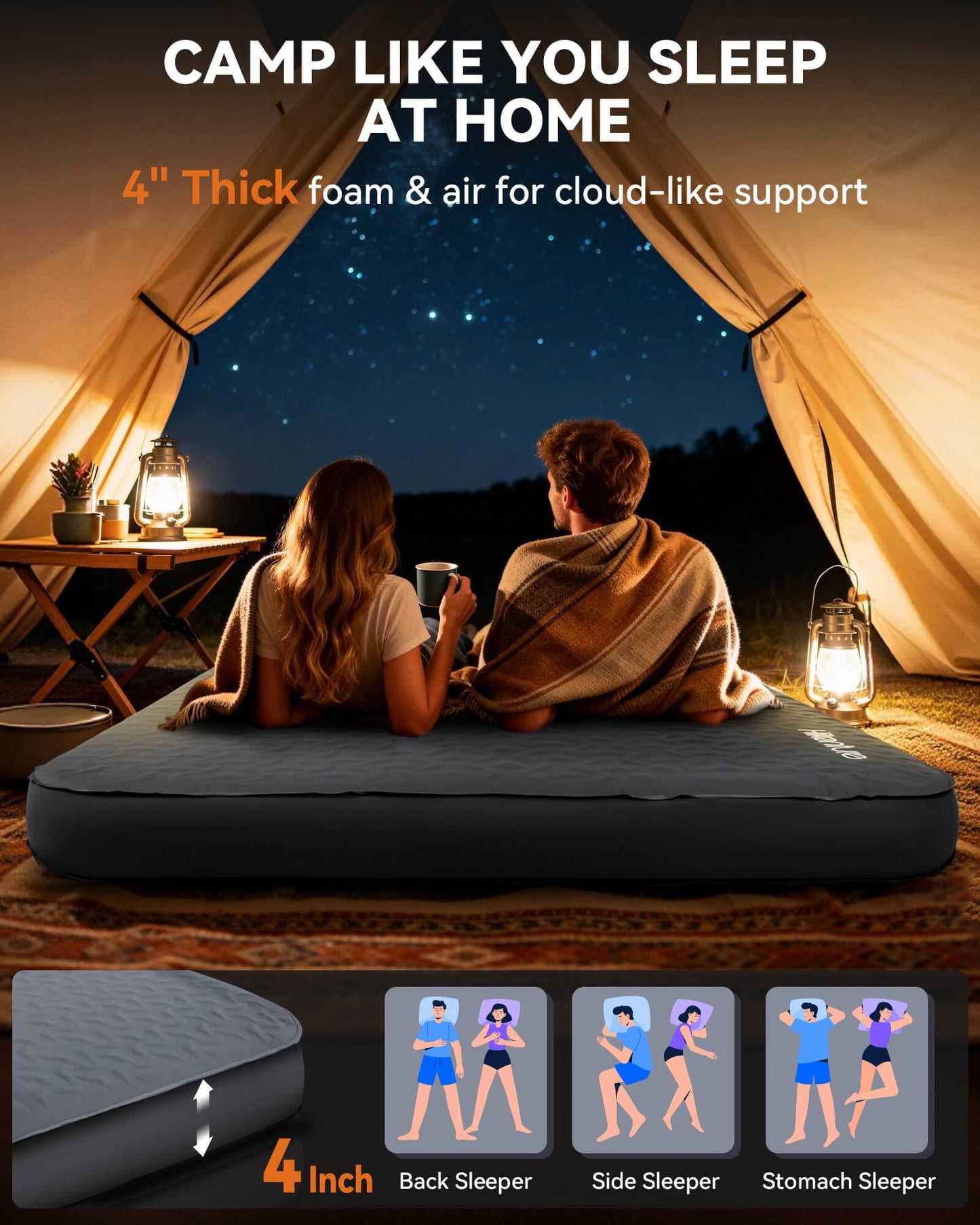 Hikenture 4" Thick Self Inflating Sleeping Pad with Electric Pump, Foam & Air Camping Mattress 2 Person Queen, 9.5 R-Value Insulated Sleeping Mat, Portable Double Camping Pad for Tent, Car, Truck