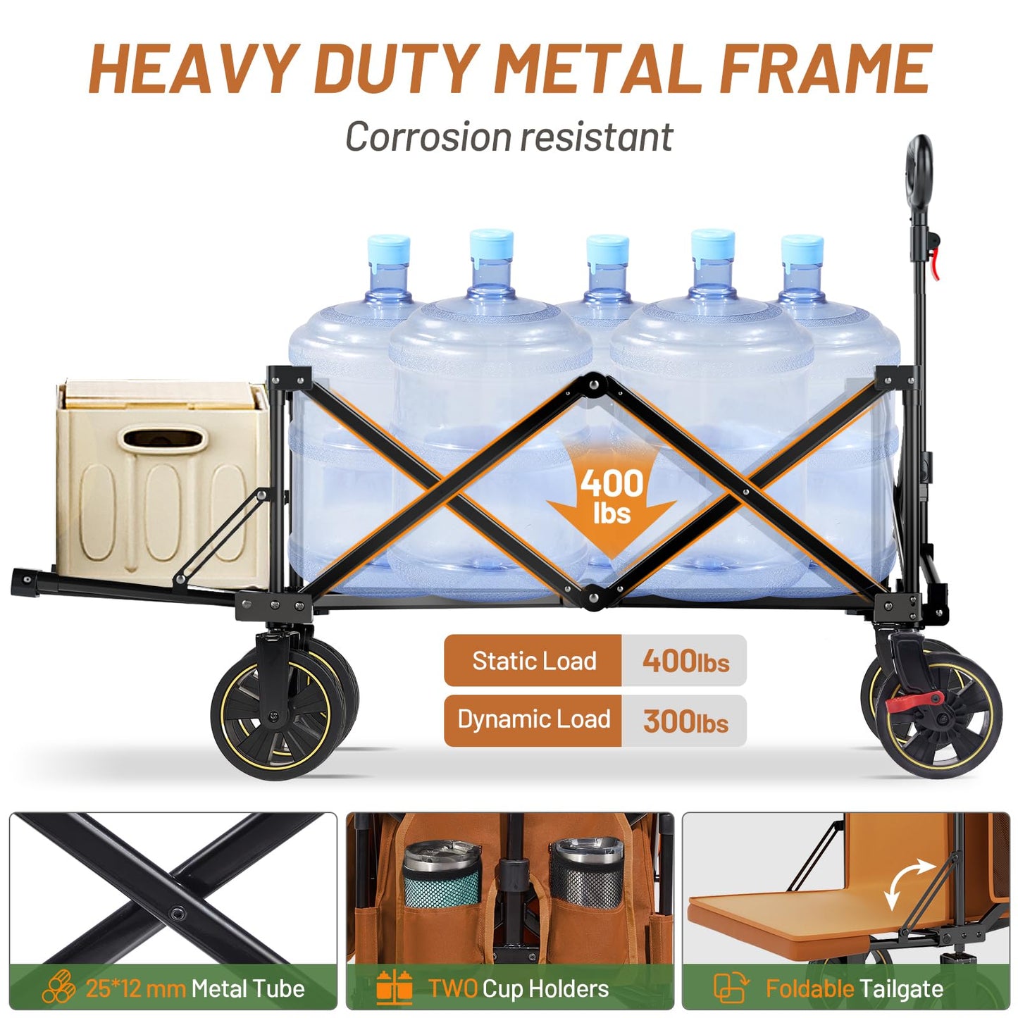 Timber Ridge 49" Extra Long Collapsible Folding Wagon with Tailgate and Brakes, 300lbs Heavy Duty Foldable Wagon with Adjustable Handle, 250L Capacity Portable Cart for Outdoor Camping Sports, Orange