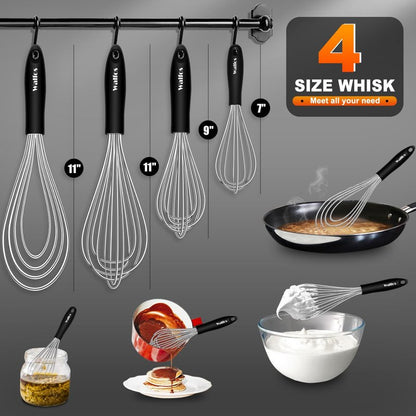 Walfos Whisk,Whisks for cooking set, 304 Stainless steel Whisks,Heat Resistant 600°F.Perfect for Blending Beating Stirring - 11inFlat Whisk and 7+9+11in Balloon Whisk