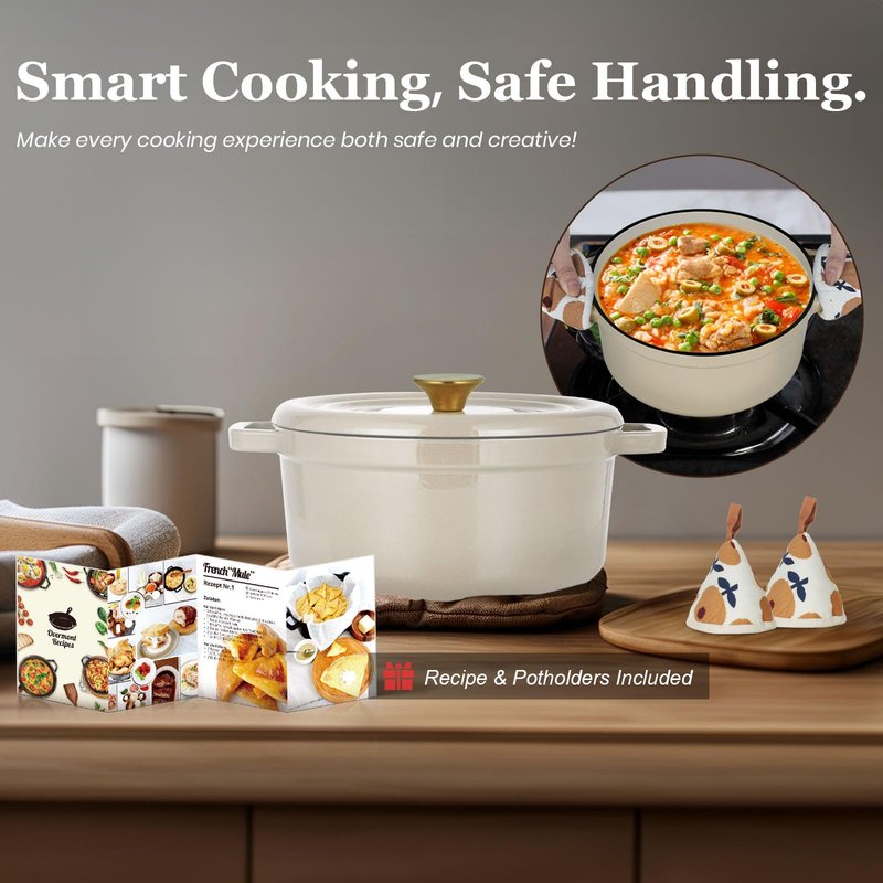 Overmont Enameled Cast Iron Dutch Oven - 5QT Pot with Lid Cookbook & Cotton Potholders - Heavy-Duty Cookware for Braising, Stews, Roasting, Sourdough Baking Cream white