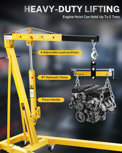 2 Ton Hydraulic Engine Hoist Crane with Lever, Folding Heavy-Duty Cherry Picker with 6 Locking Wheels & 4 Boom Positions, for Truck/SUV Engines, Garage Workshop, Industrial Lifting (Net Wt. 168 lbs)