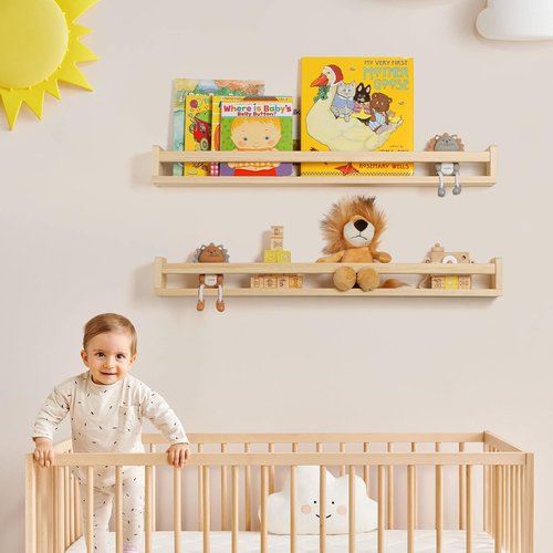 Fun Memories Nursery Book Shelves - Rustic Solid Wood Floating Bookshelf for Kids - 32-Inch Natural Wall Shelf (2-Pack)