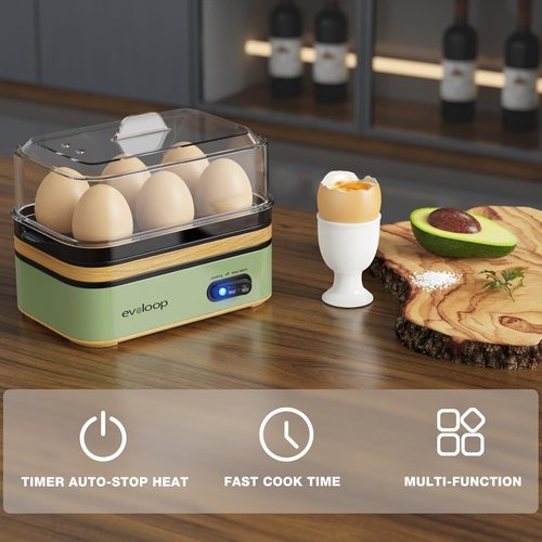 Evoloop Electric Egg Cooker - 6 Egg Capacity, Soft/Medium/Hard Boiled & Omelet Maker - BPA Free (Green)