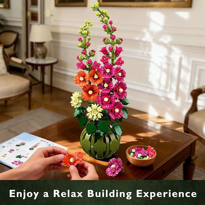 Flowers Botanicals Alcea Rosea Building Set for Adults - Artificial Bonsai Plant for Home Office Décor 974PCS Flower Building Block Indoor Decoration Birthday Easter Gift for Wife Women