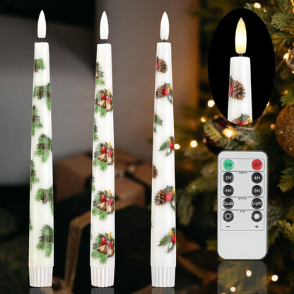 AFINETH Christmas Flameless Taper Candles with Pine Leaves, Pine Cones, Bells, 9.6" Real Wax LED Candles with Remote, 3 Pcs Flickering Battery Operated Candlesticks, Xmas Candle for Home, Party Decor
