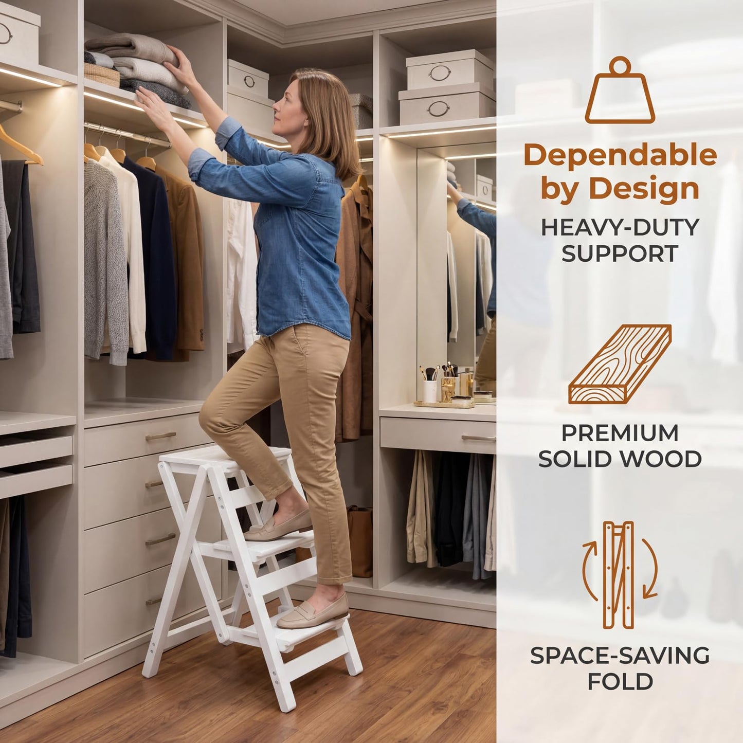 Step Stool for Adults/Step Ladder/Counter Chair, 3-Step Folding Portable Wooden Step Stool, Anti-Slip & Lightweight (White)