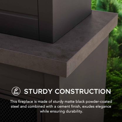 SUNJOY Outdoor Fireplace with Wood Storage and Chimney, Steel Metal Wood Burning Fire Pit with Mesh Spark Screen Door & Fire Poker, Fireplace Tool and PVC Cover, for Patio Garden Deck Backyard, Brown