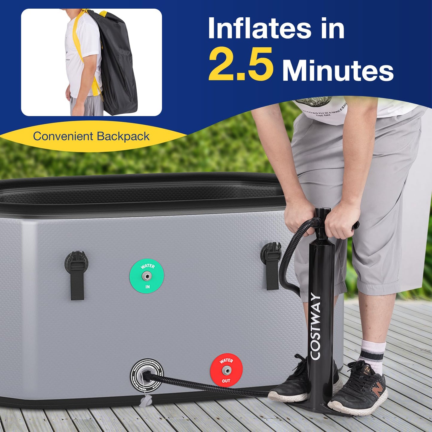 COSTWAY XL 129 Gal Oval Ice Bath Tub with Cover, Portable Outdoor Inflatable Cold Plunge Tub with Backpack, Pump, for Cold and Therapy, Compatible with Water Chillers, Grey