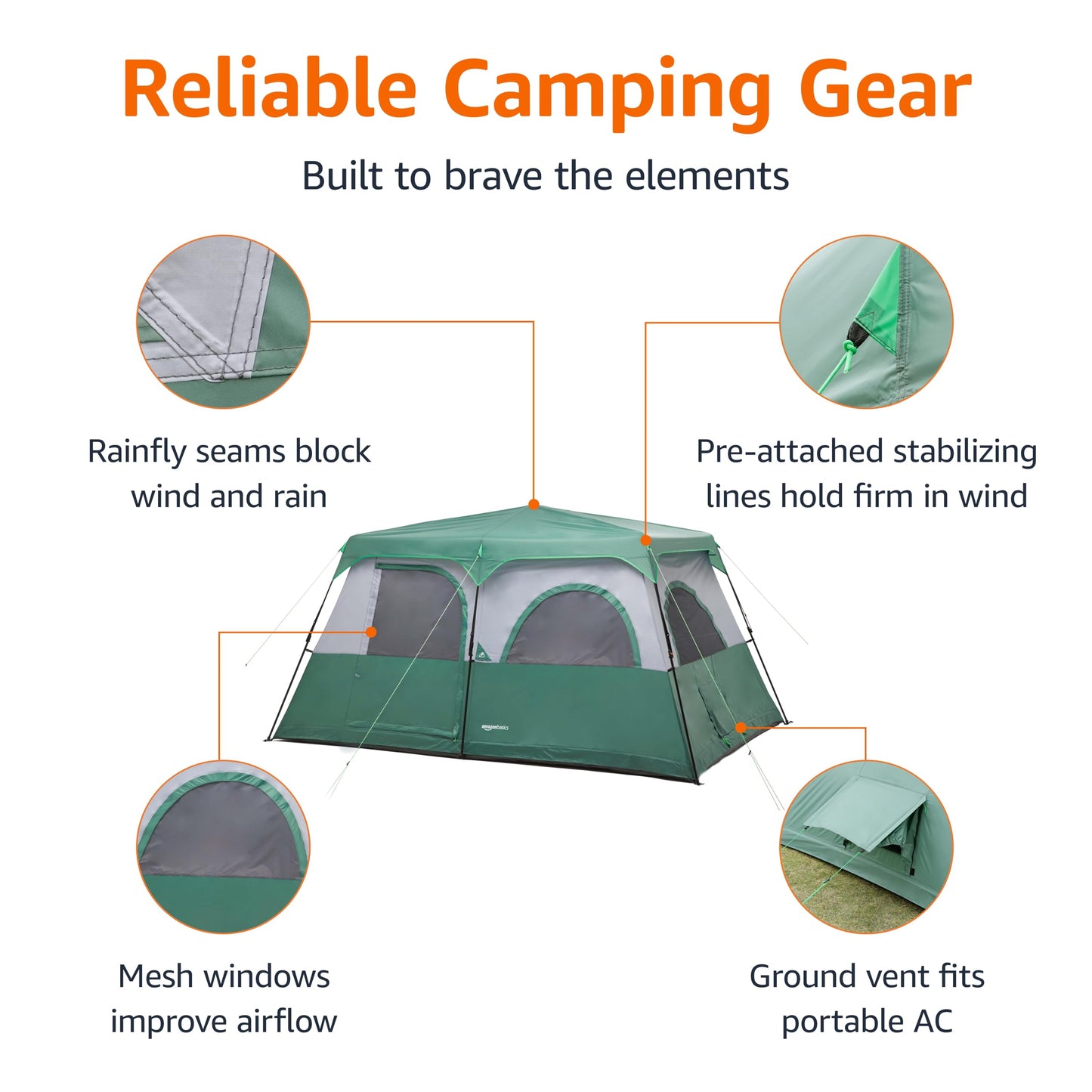 Amazon Basics 10-Person Instant Camping Tent with Rainfly, Easy Setup, Weather-Resistant, for Family Camping and Hiking, Mesh Windows, Ventilation, Storage Pockets, Green