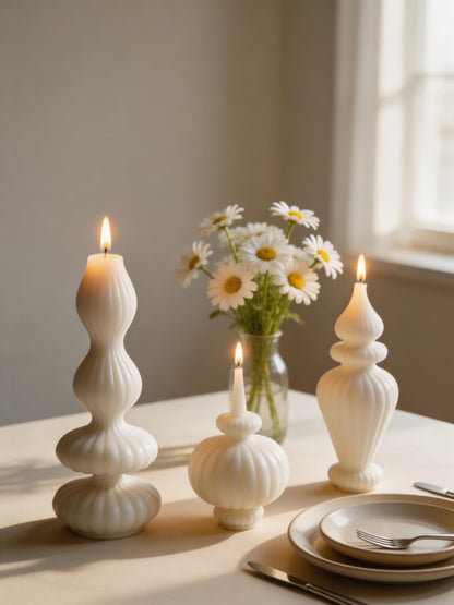 Ribbed Pillar Candles Set of 3，Modern Aesthetic Decorative Candle Set Cute Soy Wax Scented Ribbed Decor for Home Bathroom Living Room，White