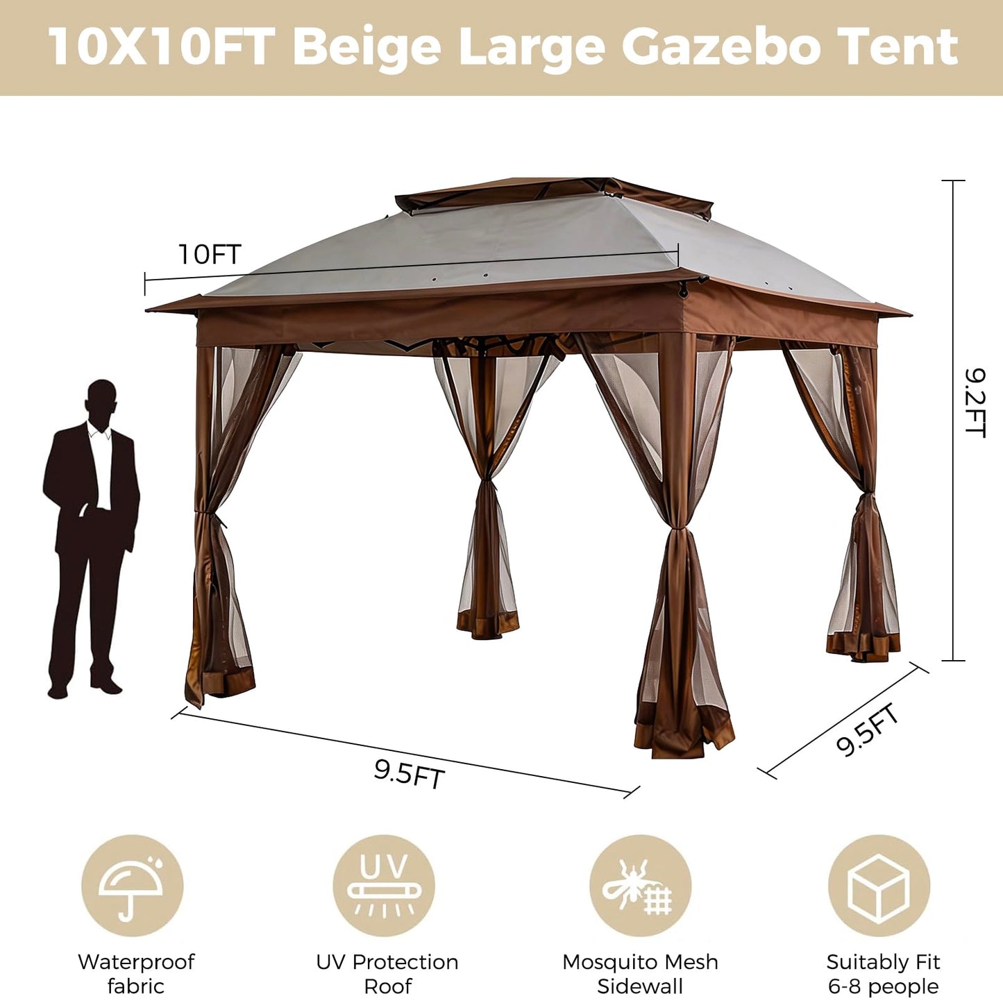 Solaroxy 10' x 10' Pop Up Gazebo Tent, Outdoor Screen Canopy Shelter, Instant Patio Sun Shade Gazebo Tent with 2 Tiers Roof & Mesh Netting for Garden, Lawn, Backyard, Party, Beige & Coffee