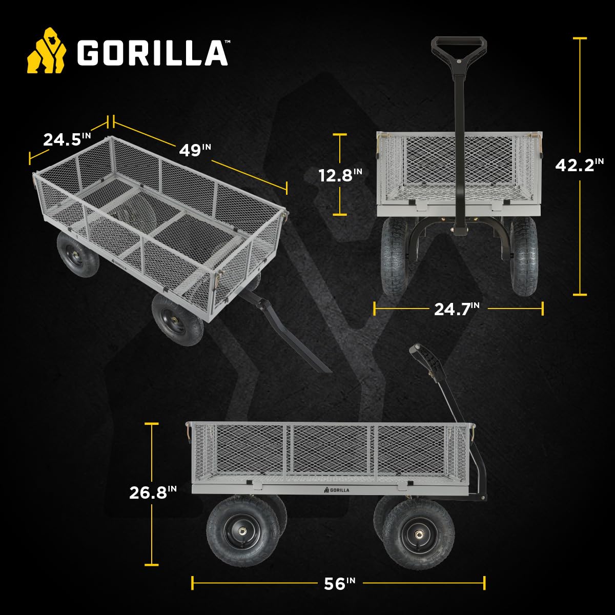 Gorilla Carts Steel Utility Garden Cart, 1,000-Pound Capacity, Gray - Heavy-Duty Outdoor Wagon with Removable Sides, 13-Inch Pneumatic Tires, and Convertible Pull or Tow Handle