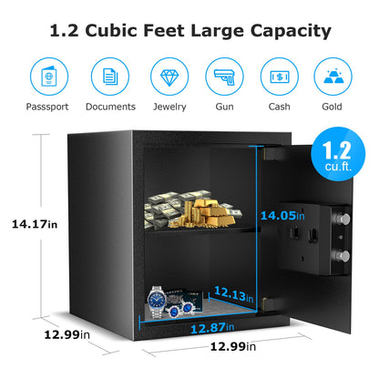 Bonsaii Security Safe Box,1.2 Cubic Feet Large Document Safe Box,New Type of Digital Keypad Lock,Removable Shelf for Money,Jewelry and Valuables,12.99 x 14.17 x 12.99 Inches