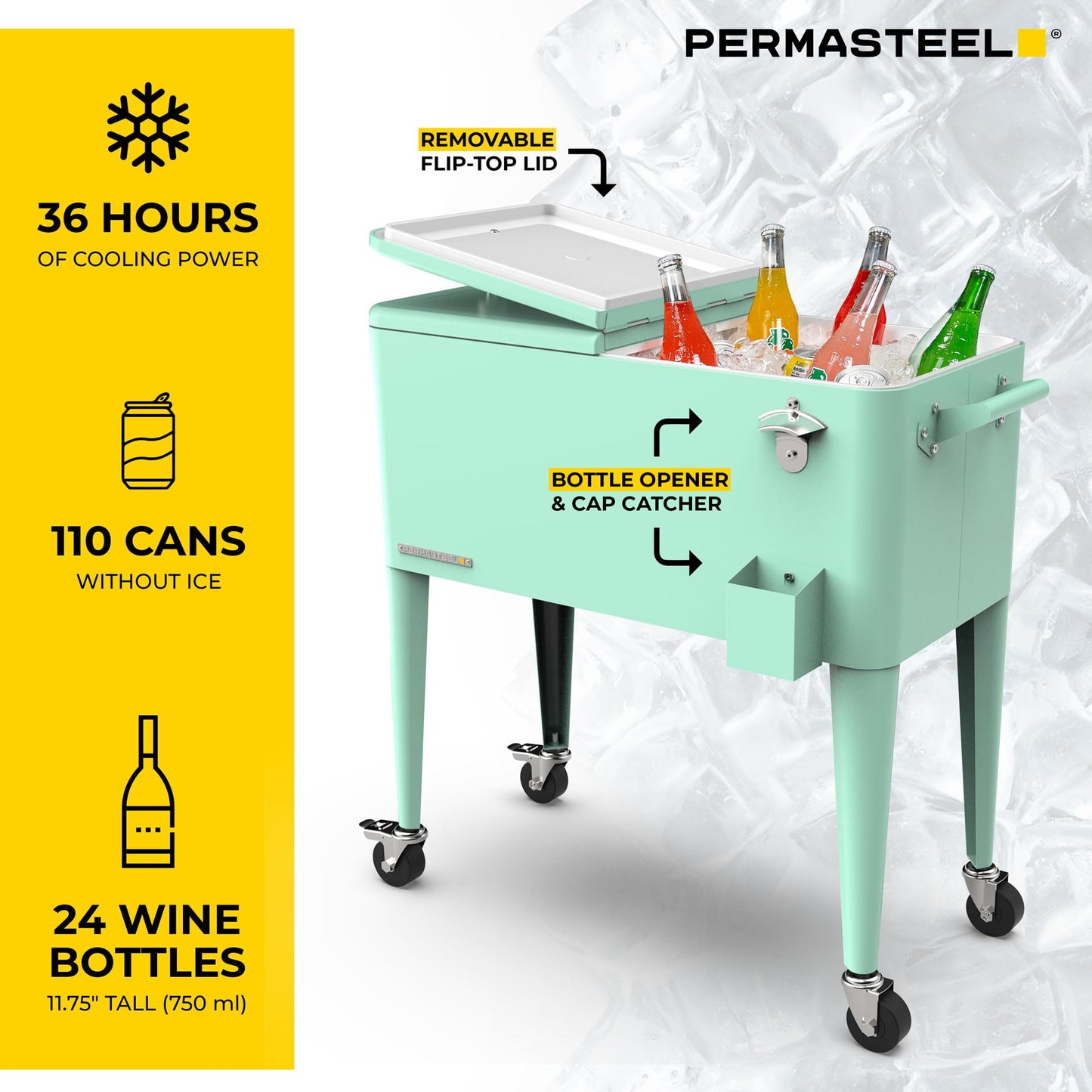 Permasteel 80-Qt Classic Outdoor Patio Cooler for Outside |Rolling Beverage Cooler Bar Cart with Wheels & Handles, Retro Design, Mint
