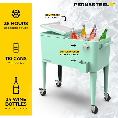 Permasteel 80-Qt Classic Outdoor Patio Cooler for Outside |Rolling Beverage Cooler Bar Cart with Wheels & Handles, Retro Design, Mint