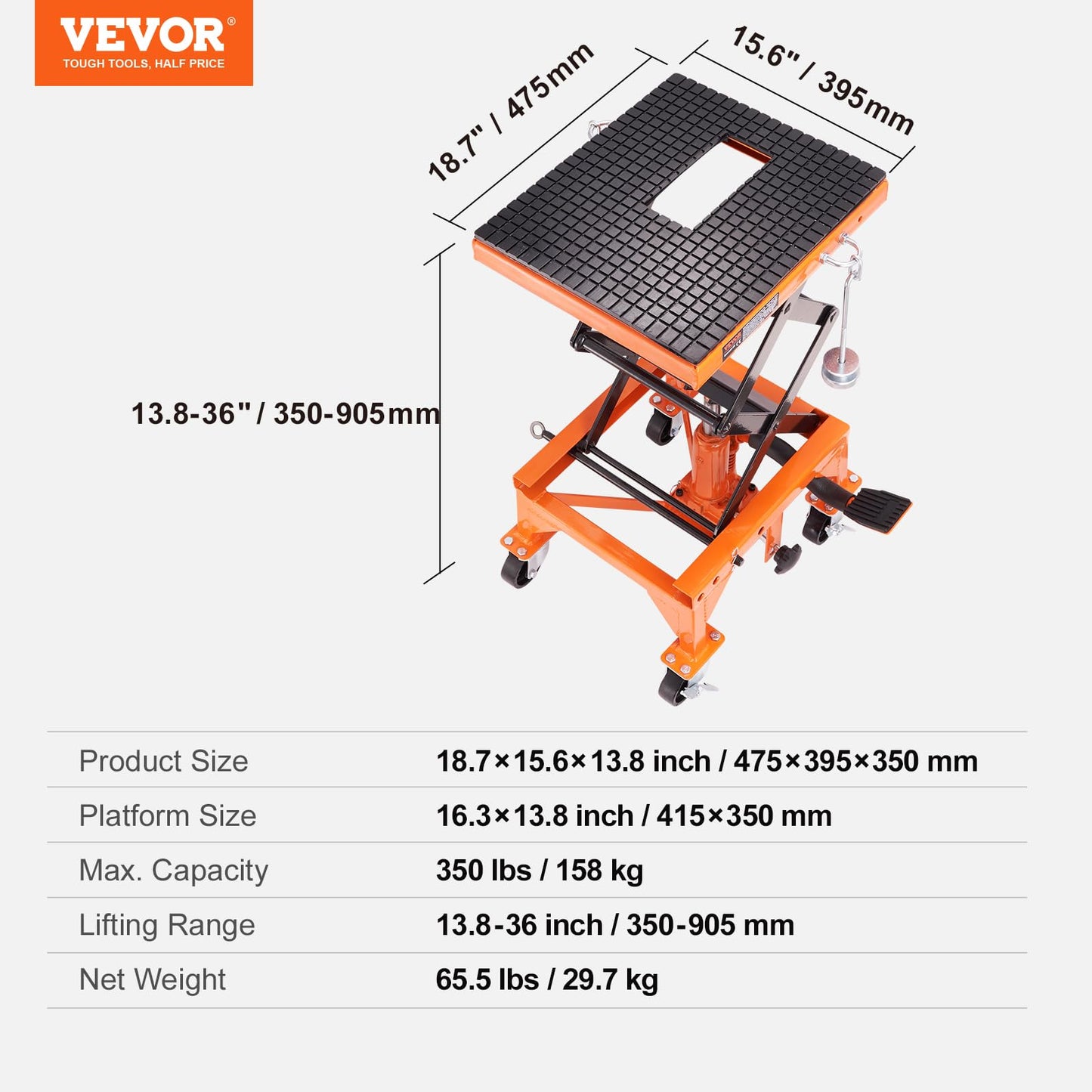 VEVOR Hydraulic Motorcycle Lift Table, 350 lbs Capacity Motorcycle Scissor Jack Lift with Wide Deck, J-Hooks, 4 Wheels, Hydraulic Foot-Operated Jack Stand for ATV Dirt Bikes