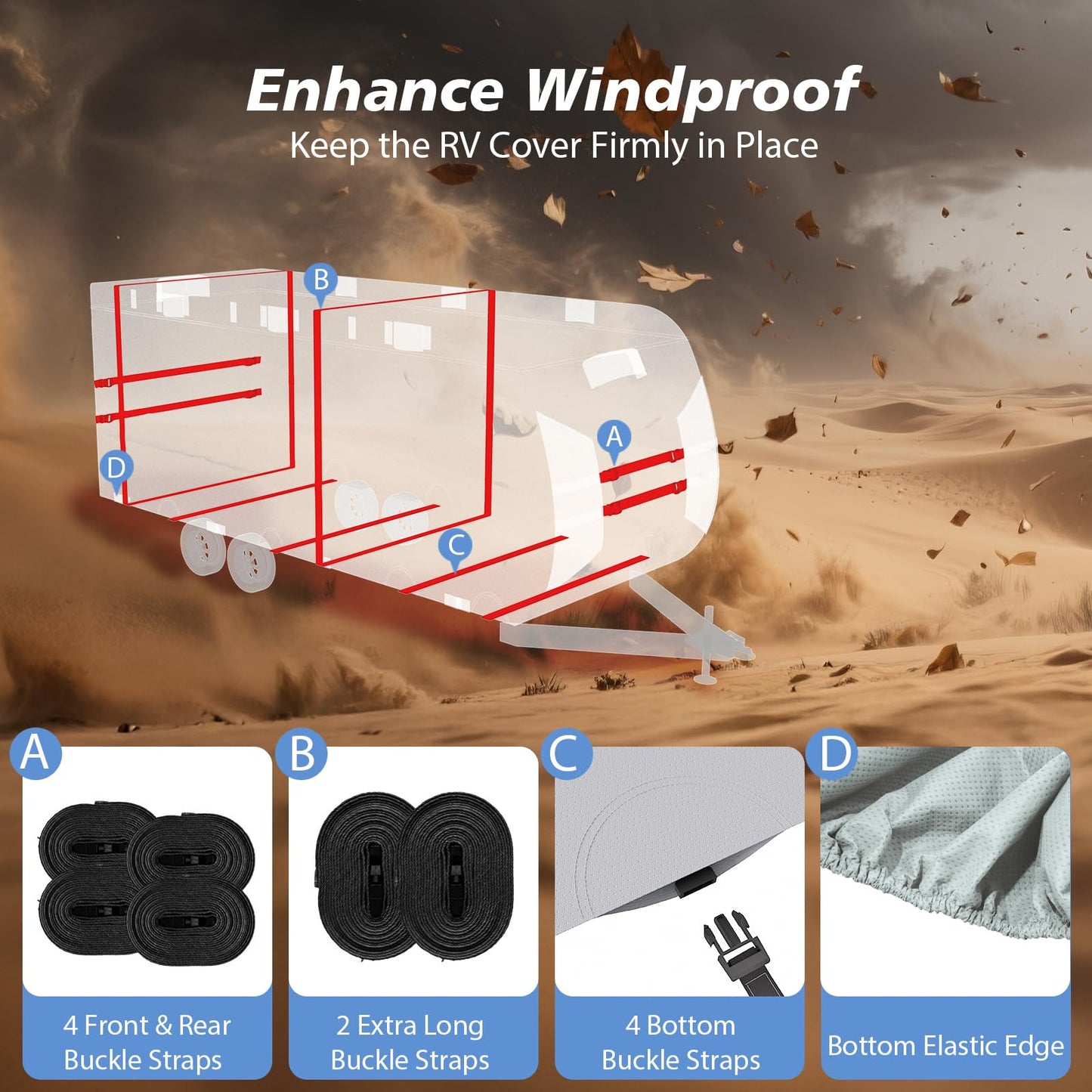 RV Cover 30-33ft, 7 Layers Heavy Duty Travel Trailer Cover, Weatherproof & UV Resistant Camper Cover with 10 Windproof Straps, 4 Tire Covers, Storage Bag, Gutter & Tongue Jack Covers
