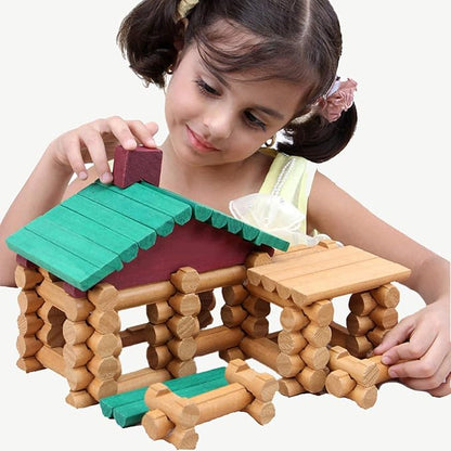 Wondertoys 90 Pieces Classic Wood Cabin Logs Set Building Log Toy for Children Farm House Construction Educational Toys for 3 4 5 6 Years Old
