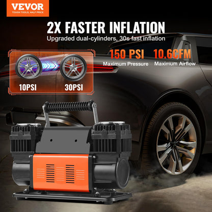 VEVOR 10.6 CFM Heavy Duty Air Compressor, 30s Fast Inflation | Dual-Cylinder Portable Tire Inflator, 12V 150PSI Offroad Air Pump with Adapters for Trucks Car SUV 4 x 4 Vehicle RV
